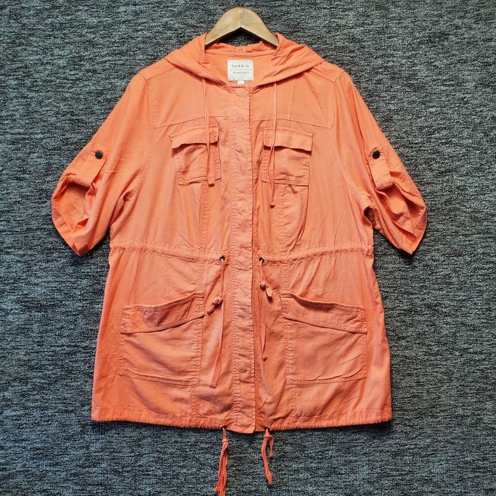 Torrid Utility Anorak Jacket Womens 1X Orange Linen Blend Hooded Lightweight